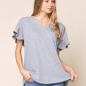 DOE & RAE Grey Waffle Knit V-Neck Flutter Sleeve Top w/ Back Cutout Soft Casual